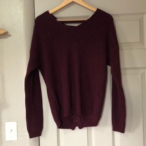 Maroon sweater ribbon closure in back